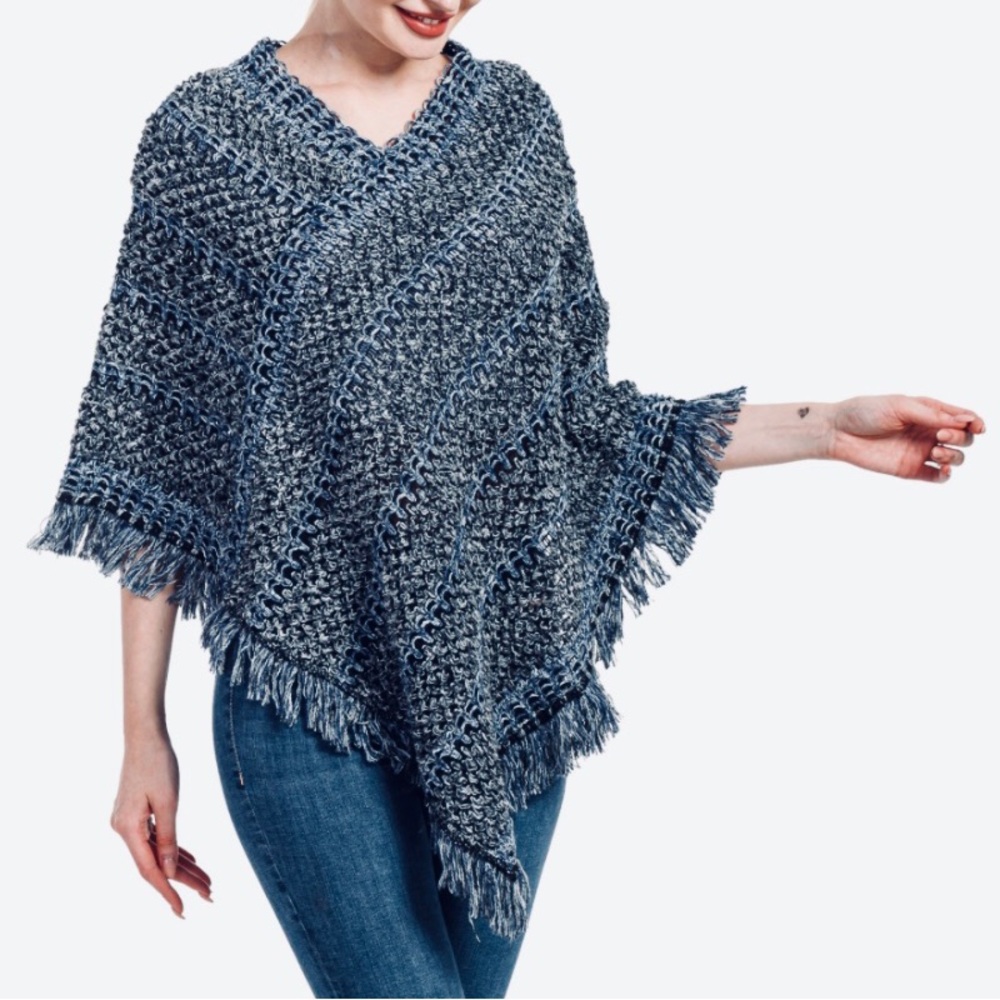Nisha Creations Knit Poncho with Fringe-Navy/White